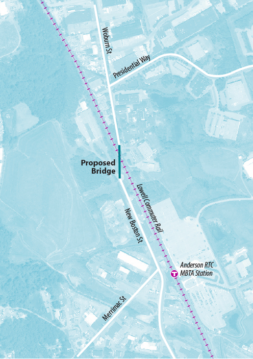 Map showing the New Boston Street Bridge project in Woburn.
